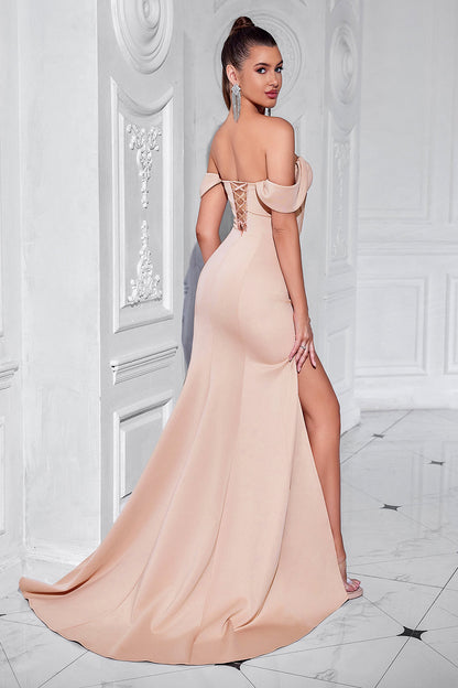 Blush Off The Shoulder Satin Sheath Long Corset Prom Dress with Slit
