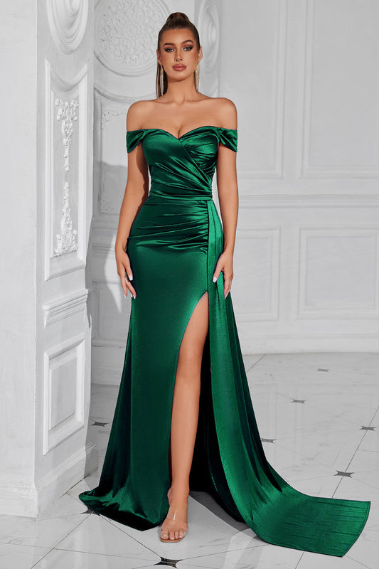 Mermaid Off the Shoulder Dark Green Ruched Slit Prom Dress