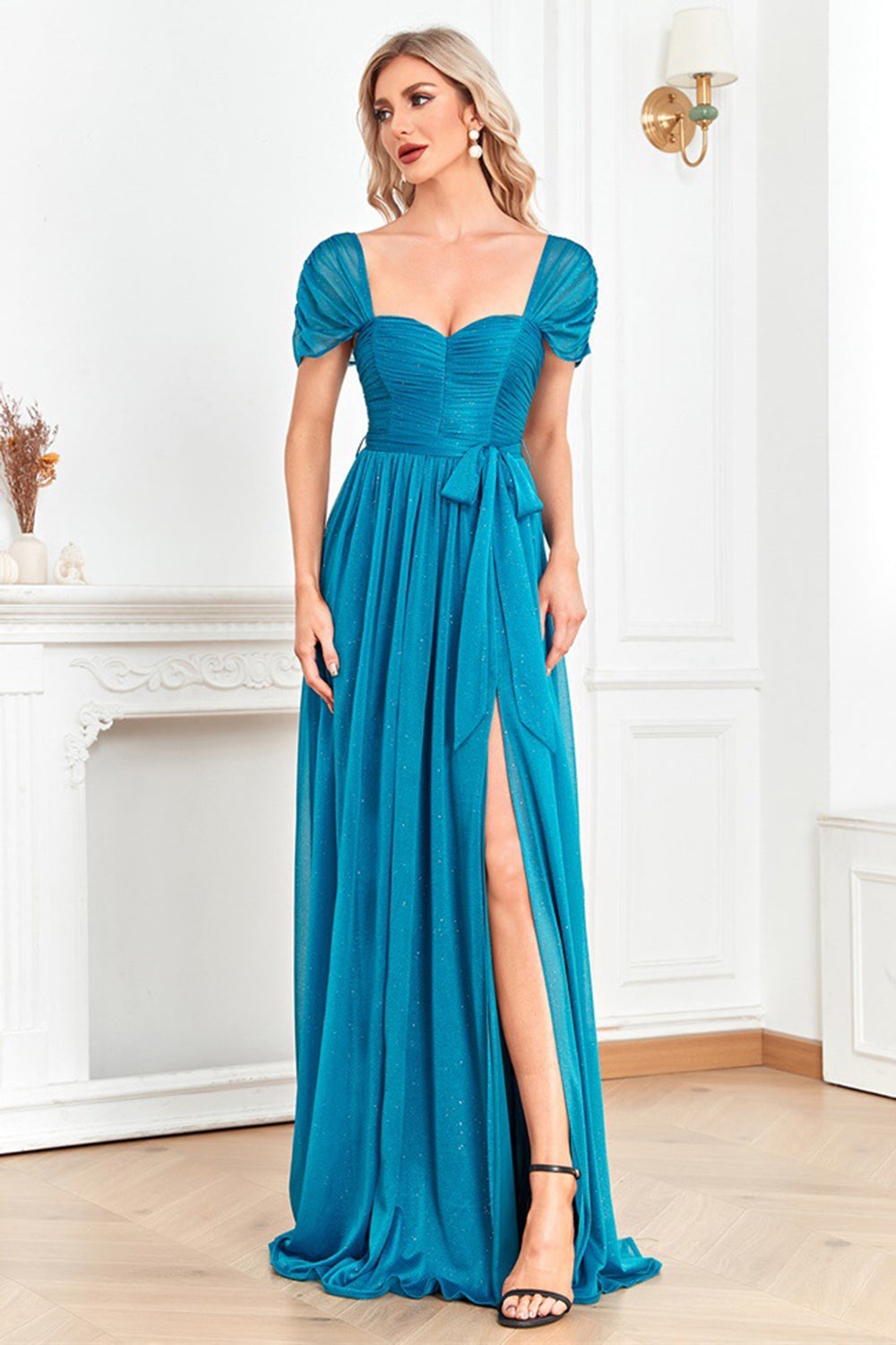 Blue Off the Shoulder A Line Pleated Prom Dress with Slit