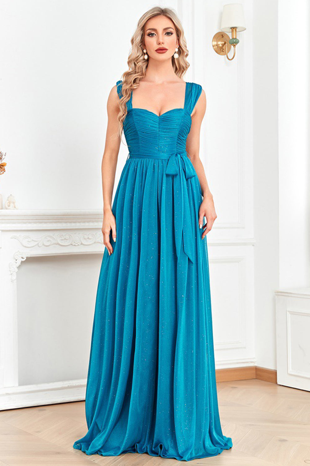 Blue Off the Shoulder A Line Pleated Prom Dress with Slit