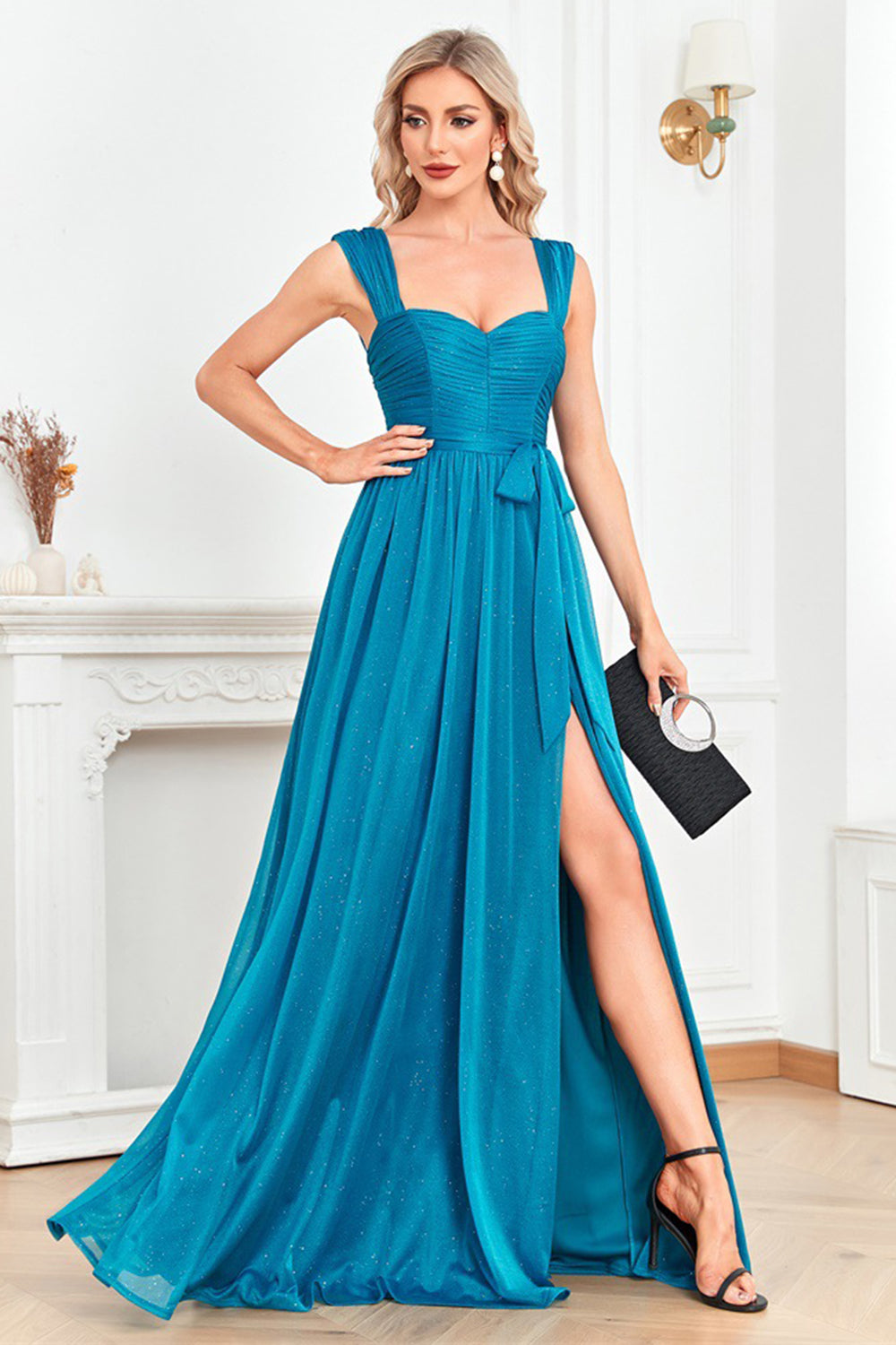 Blue Off the Shoulder A Line Pleated Prom Dress with Slit