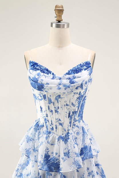 Blue White Flower A-Line Tiered Corset Long Prom Dress with Slit