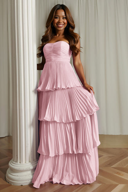 Dusty Blue Strapless A-Line Pleated Tiered Bridesmaid Dress