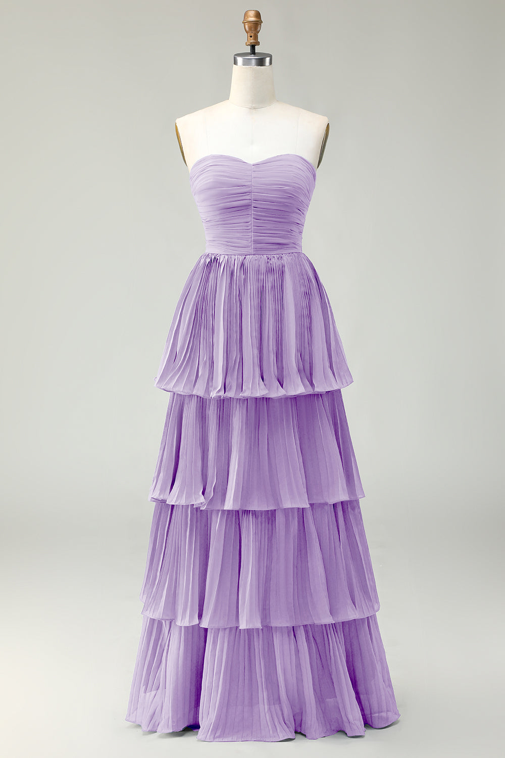 Blush Pink A-Line Strapless Pleated Tiered Long Bridesmaid Dress