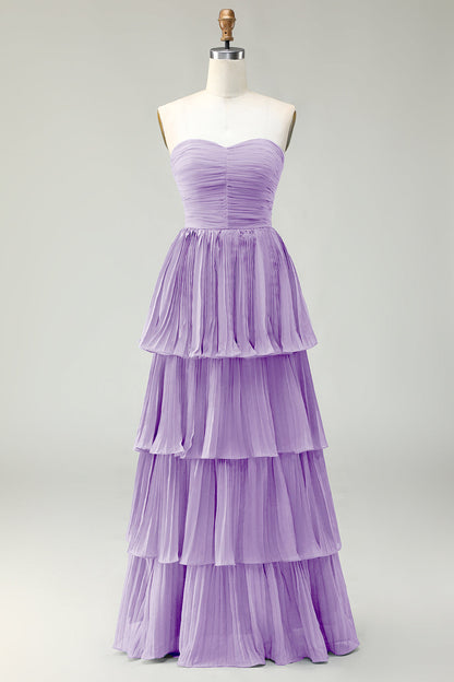 Blush Pink A-Line Strapless Pleated Tiered Long Bridesmaid Dress