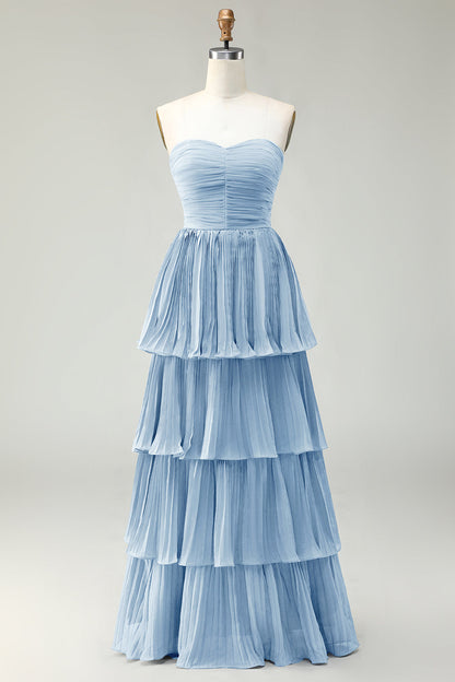 Blush Pink A-Line Strapless Pleated Tiered Long Bridesmaid Dress