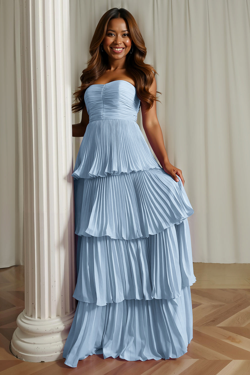 Dusty Blue Strapless A-Line Pleated Tiered Bridesmaid Dress