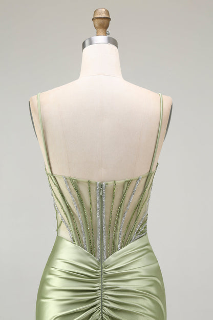 Green Mermaid Corset Ruched Satin Prom Dress with Slit