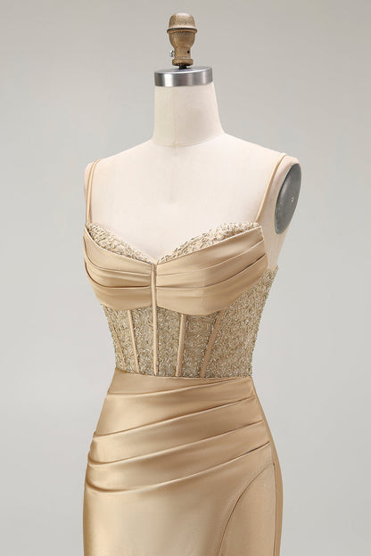 Golden Mermaid Spaghetti Straps Corset Pleated Long Prom Dress with Slit