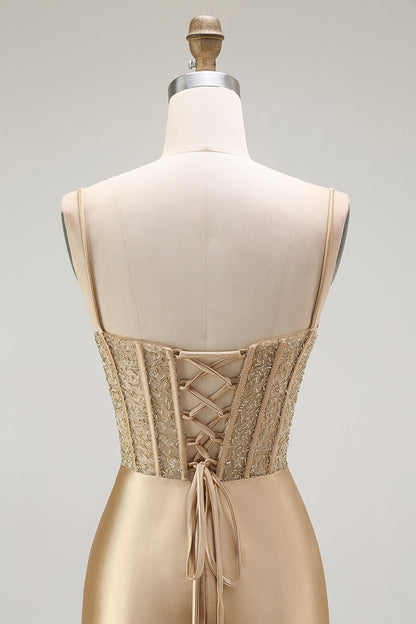 Golden Mermaid Spaghetti Straps Corset Pleated Long Prom Dress with Slit