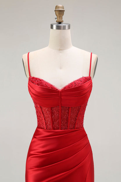 Red Mermaid Spaghetti Straps Corset Pleated Long Prom Dress with Slit
