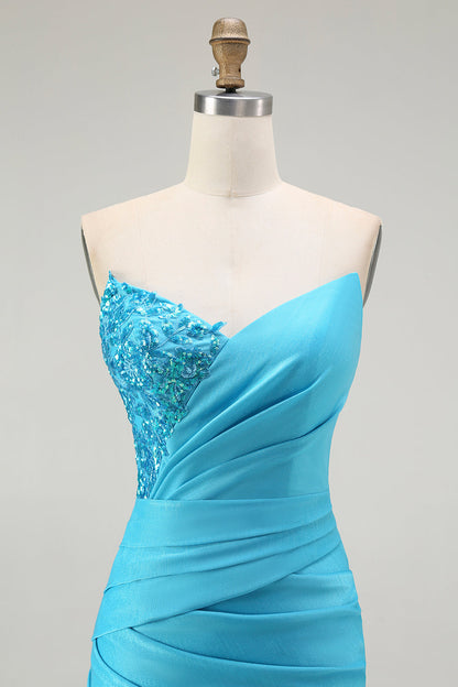 Sparkly Blue Strapless Mermaid Pleated Long Prom Dress with Slit