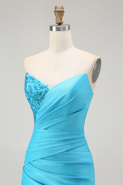 Sparkly Blue Strapless Mermaid Pleated Long Prom Dress with Slit