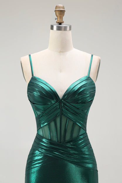 Dark Green Mermaid Metallic Pleated Corset Long Prom Dress with Slit