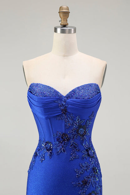 Royal Blue Mermaid Strapless Lace Up Back Beaded Long Prom Dress with Slit