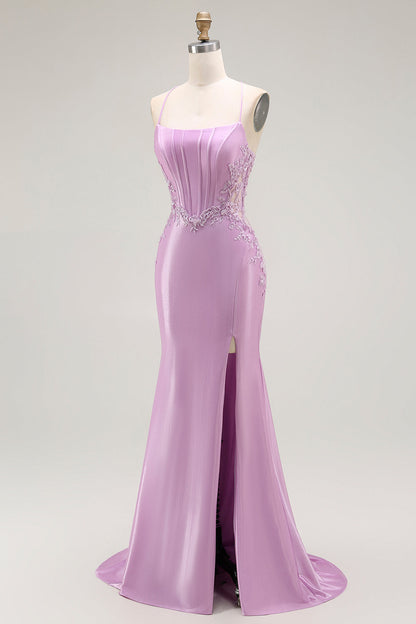 Purple Mermaid Spaghetti Straps Corset Long Prom Dress with Slit