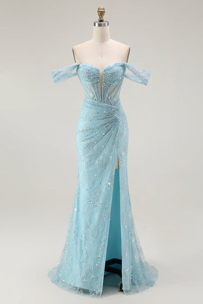 Blue Mermaid Off The Shoulder Beaded Long Prom Dress with Slit