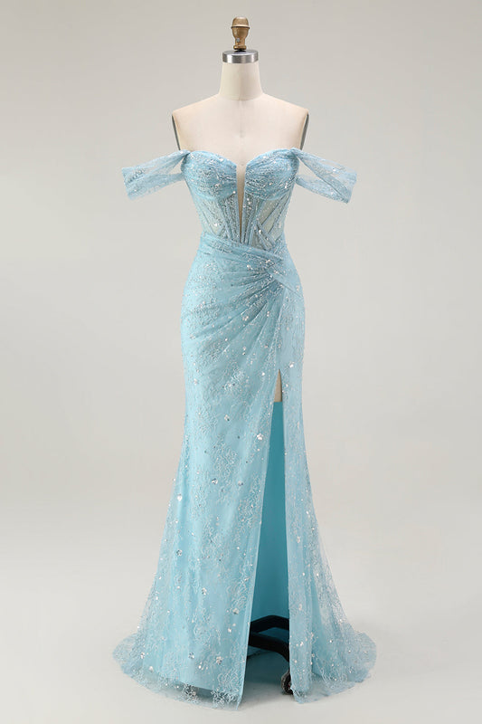 Blue Mermaid Off The Shoulder Beaded Long Prom Dress with Slit