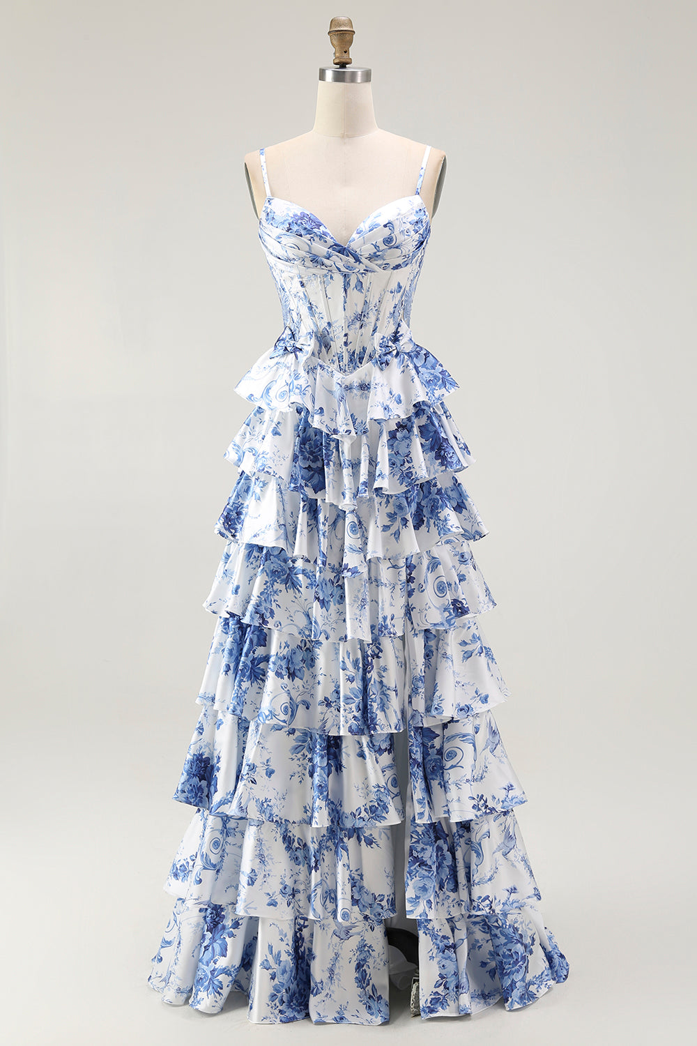 White Blue Floral Corset A Line Tiered Prom Dress