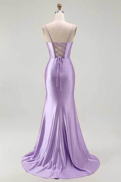 Purple Mermaid Corset Ruched Long Prom Dress with Ruffled Slit