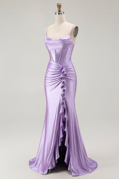 Purple Mermaid Corset Ruched Long Prom Dress with Ruffled Slit