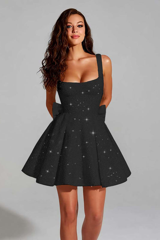 Sparkly Black A Line Square Neck Sequins Short Homecoming Dress with Back Giant Bow