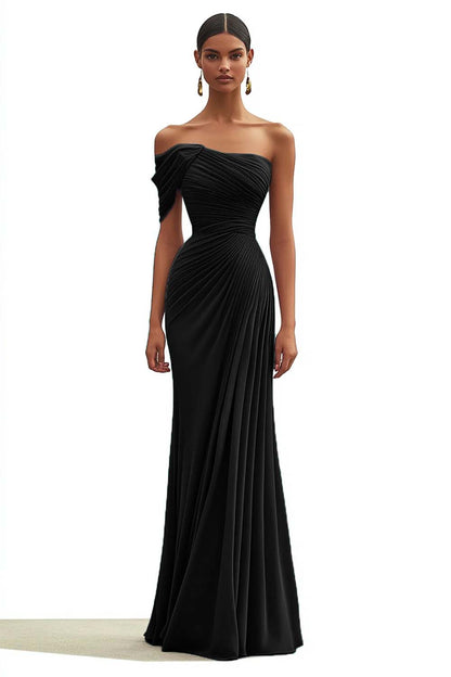 One Shoulder Mermaid Pleated Dark Green Long Formal Dress