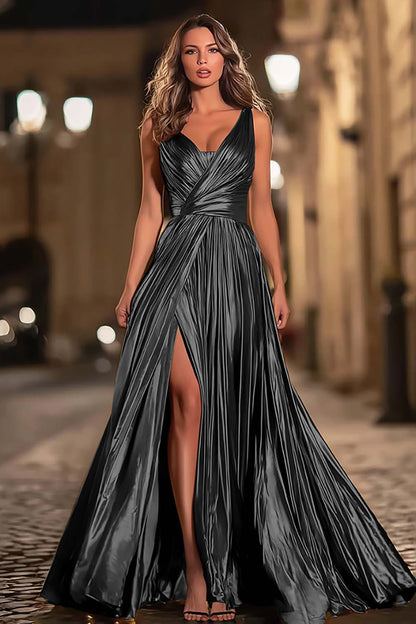 Green A-Line Metallic V-Neck Pleated Formal Dress With Slit