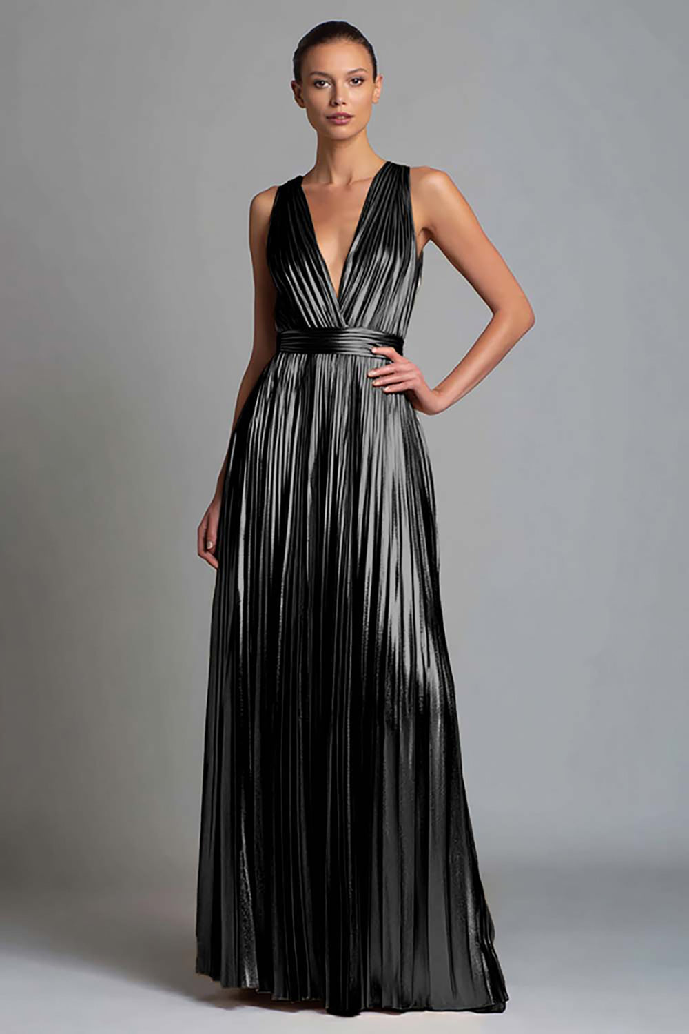 Gold A-Line V-Neck Metallic Long Formal Dress