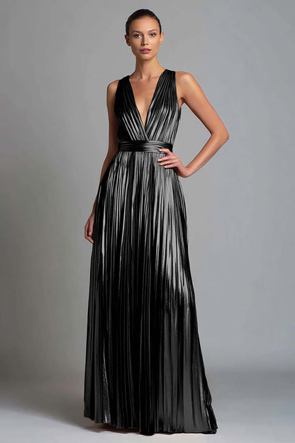 Gold A-Line V-Neck Metallic Long Formal Dress