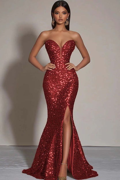 Sparkly Strapless Mermaid Gold Formal Dress With Slit
