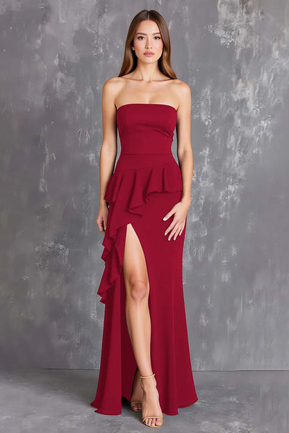Black Strapless Ruffled Long Formal Dress with Slit