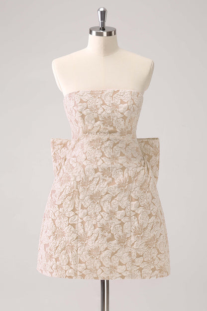 Dark Green A Line Strapless Floral Brocade Short Homecoming Dress with Back Giant Bow