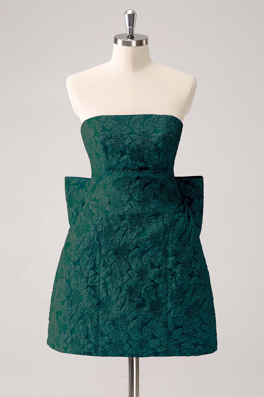 Dark Green A Line Strapless Floral Brocade Short Homecoming Dress with Back Giant Bow