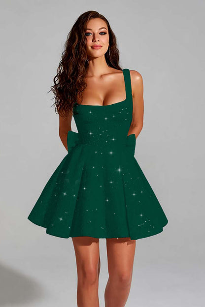 Sparkly Black A Line Square Neck Sequins Short Homecoming Dress with Back Giant Bow