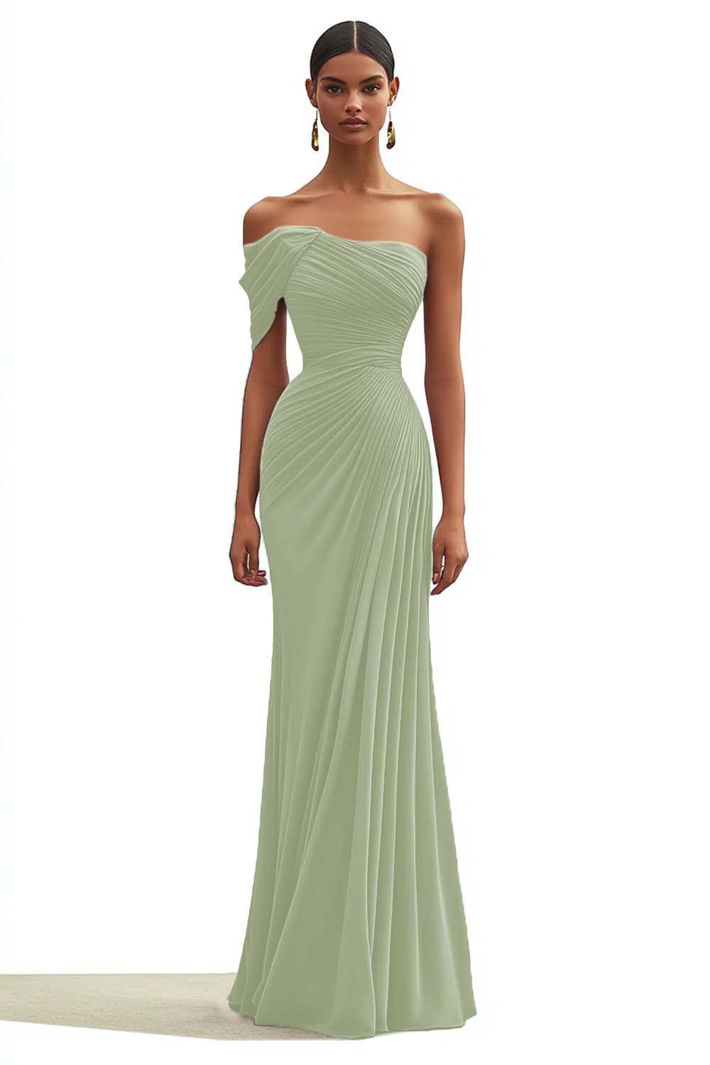 One Shoulder Mermaid Pleated Dark Green Long Formal Dress