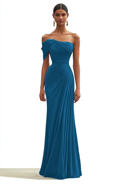 One Shoulder Mermaid Pleated Dark Green Long Formal Dress