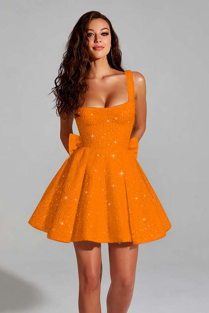 Sparkly Black A Line Square Neck Sequins Short Homecoming Dress with Back Giant Bow