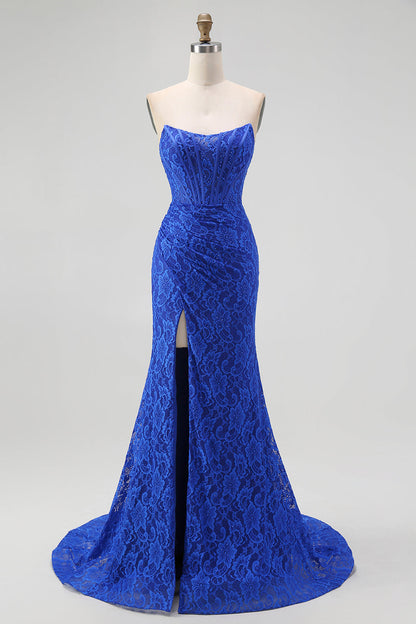 Royal Blue Strapless Corset Mermaid Lace Prom Dress