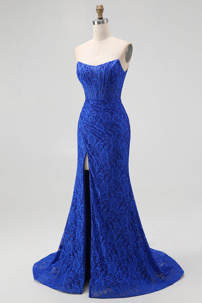 Royal Blue Strapless Corset Mermaid Lace Prom Dress