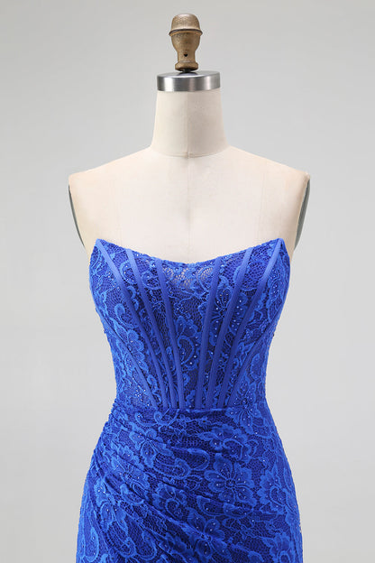 Royal Blue Strapless Corset Mermaid Lace Prom Dress