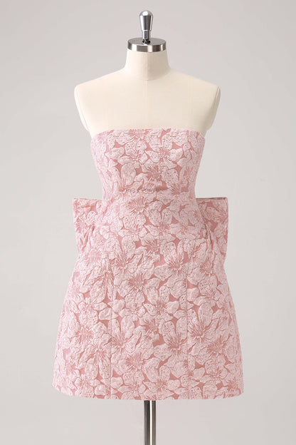 Dark Green A Line Strapless Floral Brocade Short Homecoming Dress with Back Giant Bow
