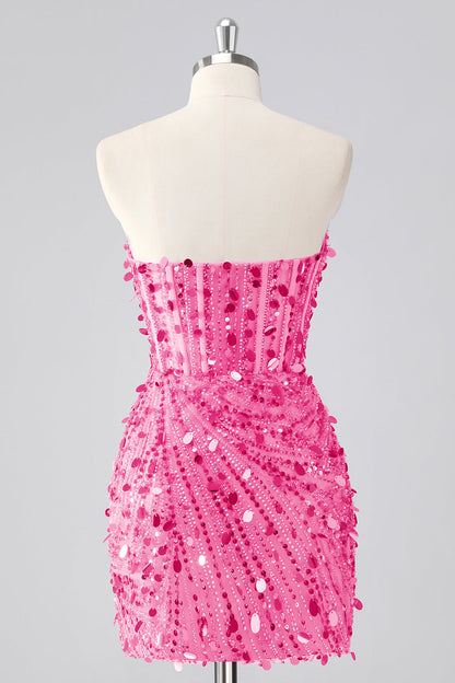 Sparkly Fuchsia Strapless Tight Short Sequins Corset Homecoming Dress with Beading