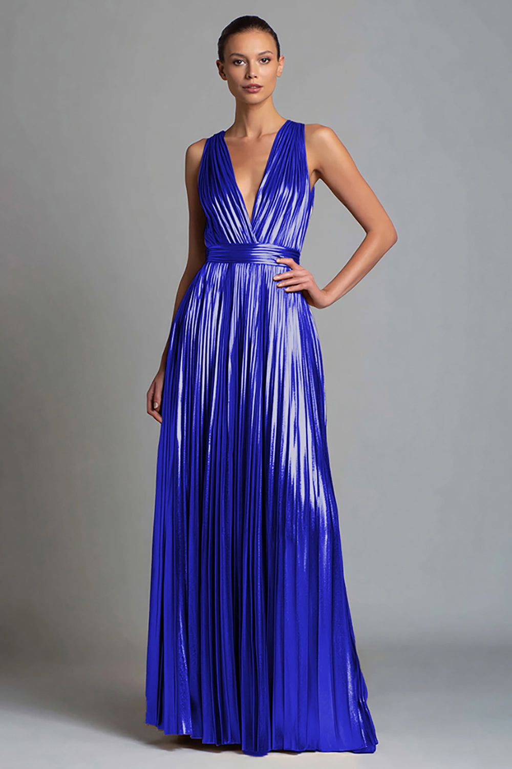 Gold A-Line V-Neck Metallic Long Formal Dress