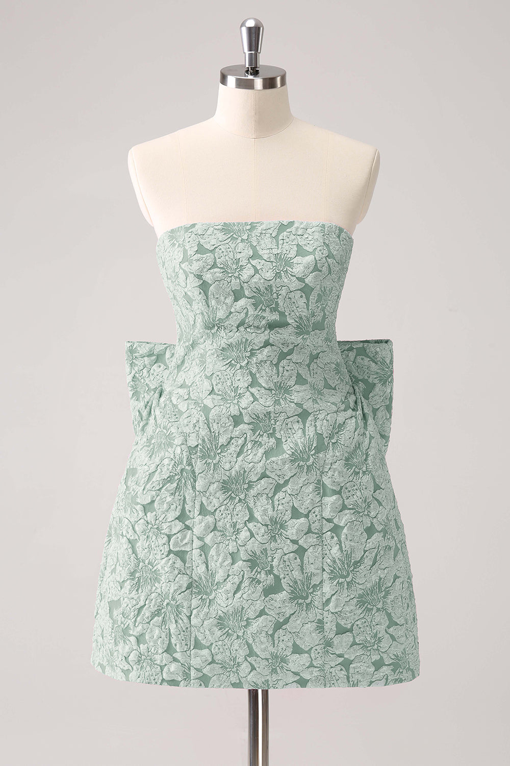 Dark Green A Line Strapless Floral Brocade Short Homecoming Dress with Back Giant Bow