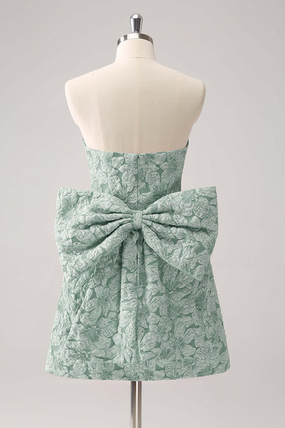 Dark Green A Line Strapless Floral Brocade Short Homecoming Dress with Back Giant Bow