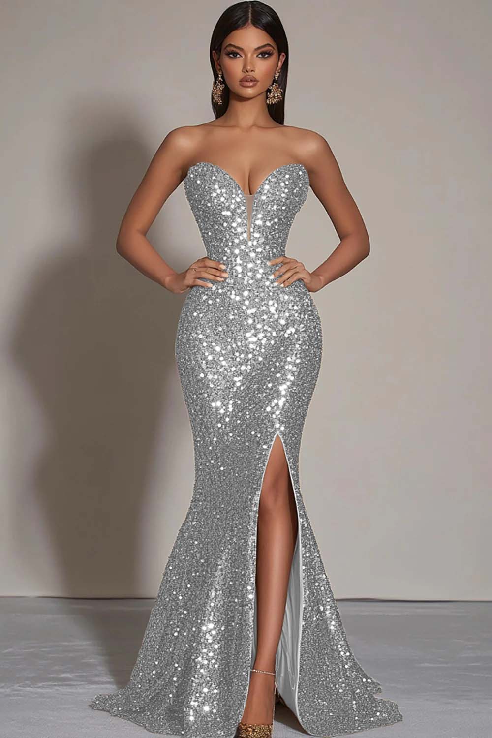 Sparkly Strapless Mermaid Gold Formal Dress With Slit