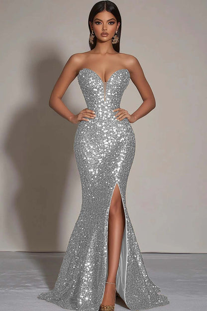 Sparkly Strapless Mermaid Gold Formal Dress With Slit