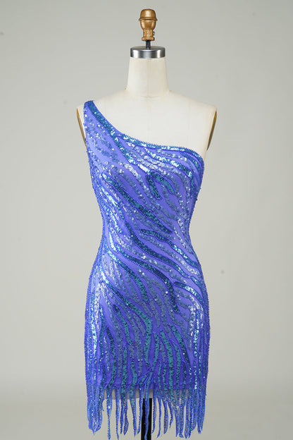 Sparkly Sheath One Shoulder Golden Sequins Short Homecoming Dress with Tassel