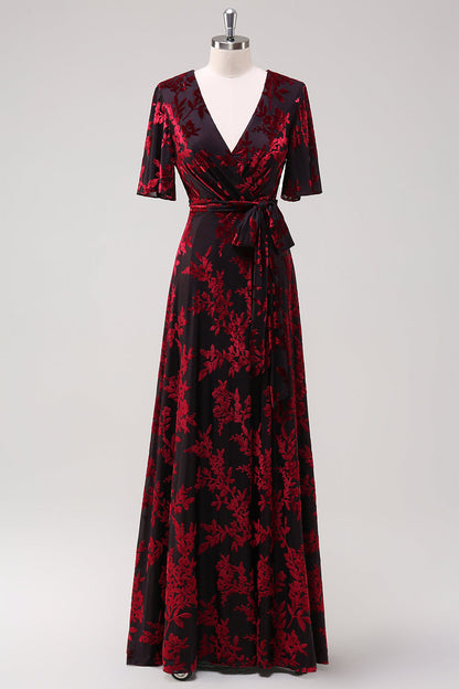 Pine A Line V Neck Burnout Velvet Long Prom Dress with Short Sleeves